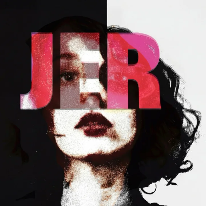 It's Not a Joke — album artwork: JER in black and white, split between dark and light, with JER in pink across her eyes